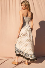 Daydreamer Bohemian Print Strapless Asymmetrical Midi Dress- Natural/Black