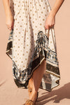 Daydreamer Bohemian Print Strapless Asymmetrical Midi Dress- Natural/Black