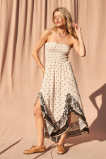 Daydreamer Bohemian Print Strapless Asymmetrical Midi Dress- Natural/Black