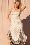 Daydreamer Bohemian Print Strapless Asymmetrical Midi Dress- Natural/Black