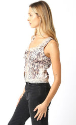 Born to Run Lace Trim Animal Print Front Tie Top- Tan