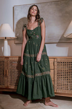 Magic Elixir Embroidered Detail Tie Strap Maxi Dress - Hunter/Multi