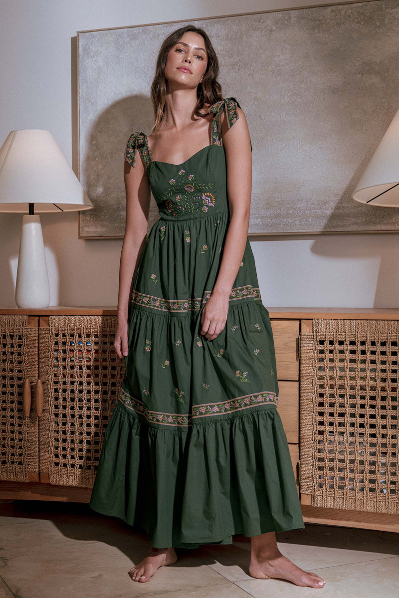 Magic Elixir Embroidered Detail Tie Strap Maxi Dress - Hunter/Multi