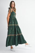 Magic Elixir Embroidered Detail Tie Strap Maxi Dress - Hunter/Multi