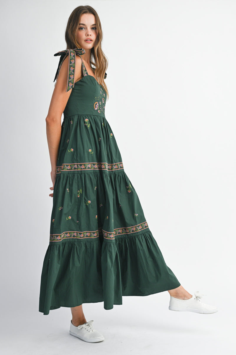 Magic Elixir Embroidered Detail Tie Strap Maxi Dress - Hunter/Multi