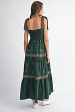 Magic Elixir Embroidered Detail Tie Strap Maxi Dress - Hunter/Multi