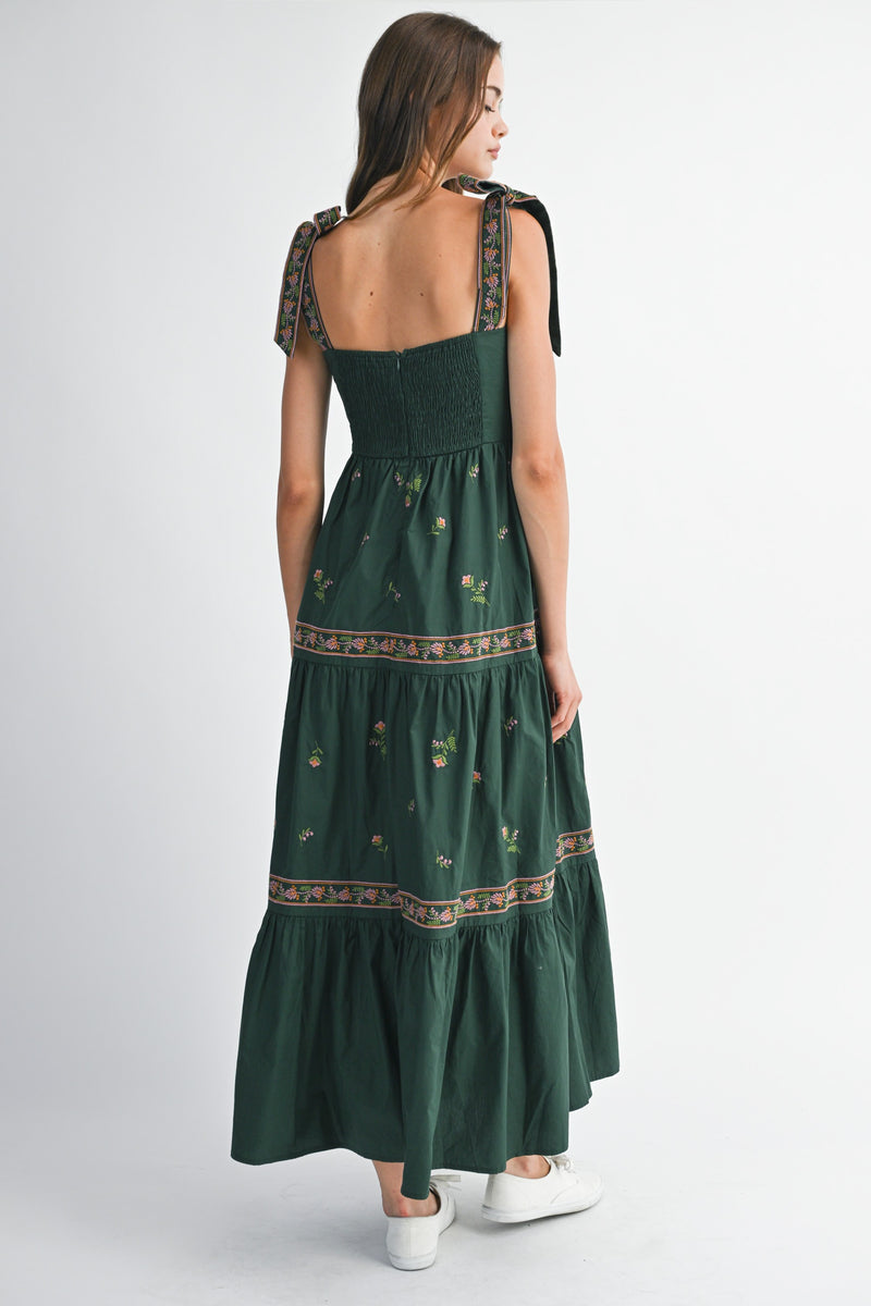 Magic Elixir Embroidered Detail Tie Strap Maxi Dress - Hunter/Multi