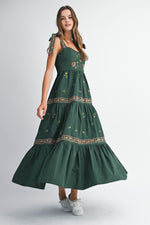 Magic Elixir Embroidered Detail Tie Strap Maxi Dress - Hunter/Multi