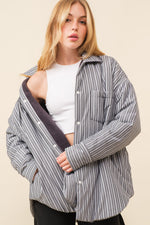 Pretty City Cotton Fleece Lined Pinstriped Shacket - Gray/White