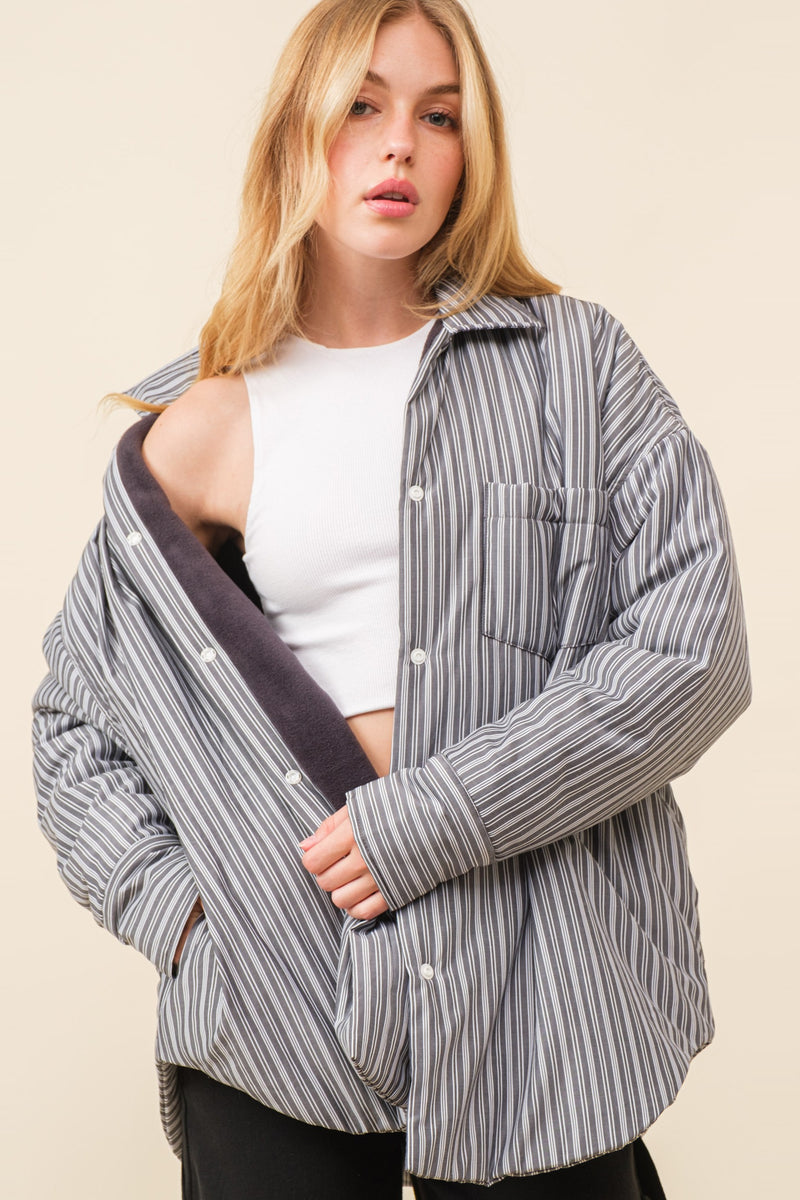 Pretty City Cotton Fleece Lined Pinstriped Shacket - Gray/White