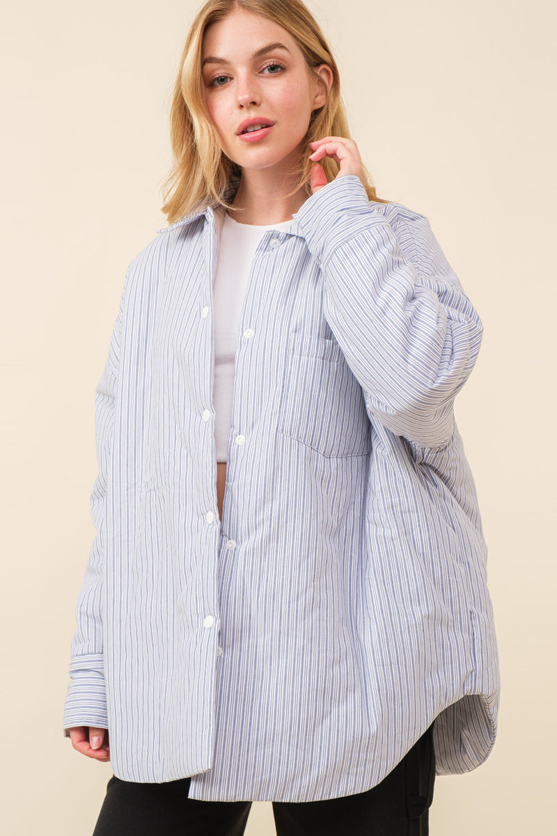 Pretty City Cotton Fleece Lined Pinstriped Shacket - Sky/White