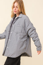 Pretty City Cotton Fleece Lined Pinstriped Shacket - Gray/White