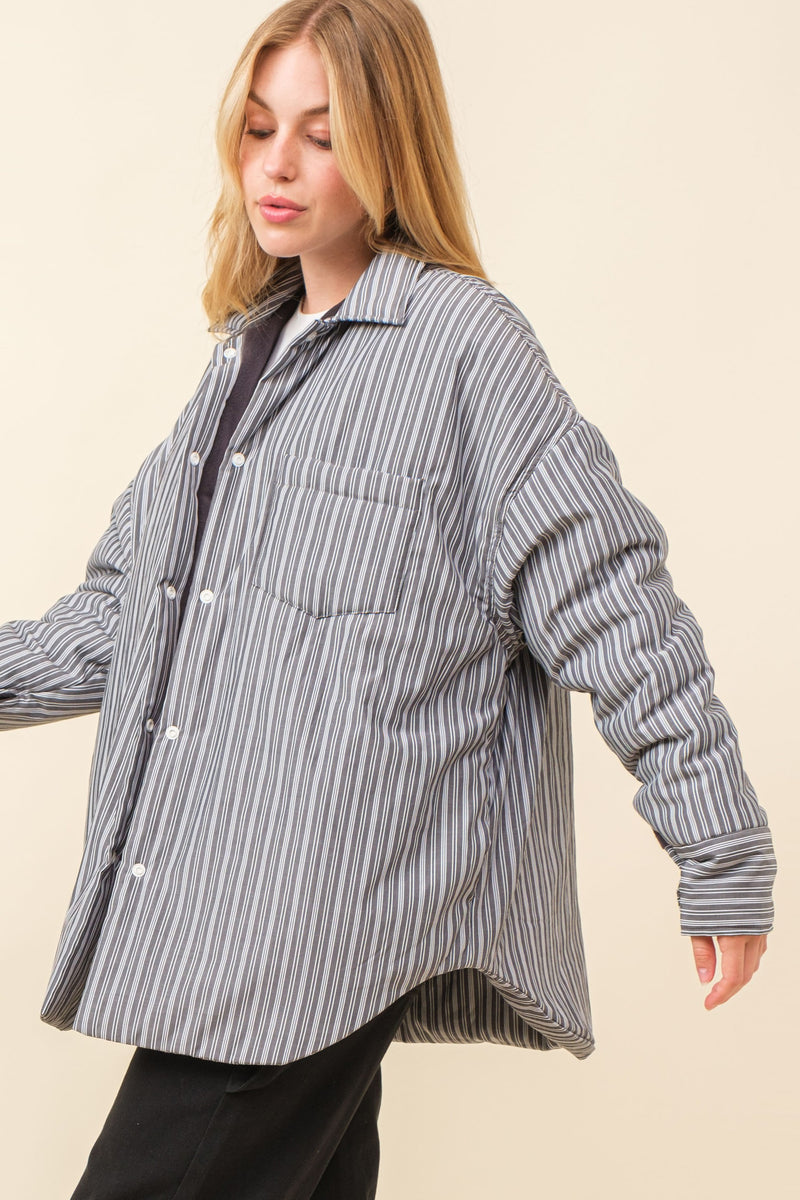 Pretty City Cotton Fleece Lined Pinstriped Shacket - Gray/White