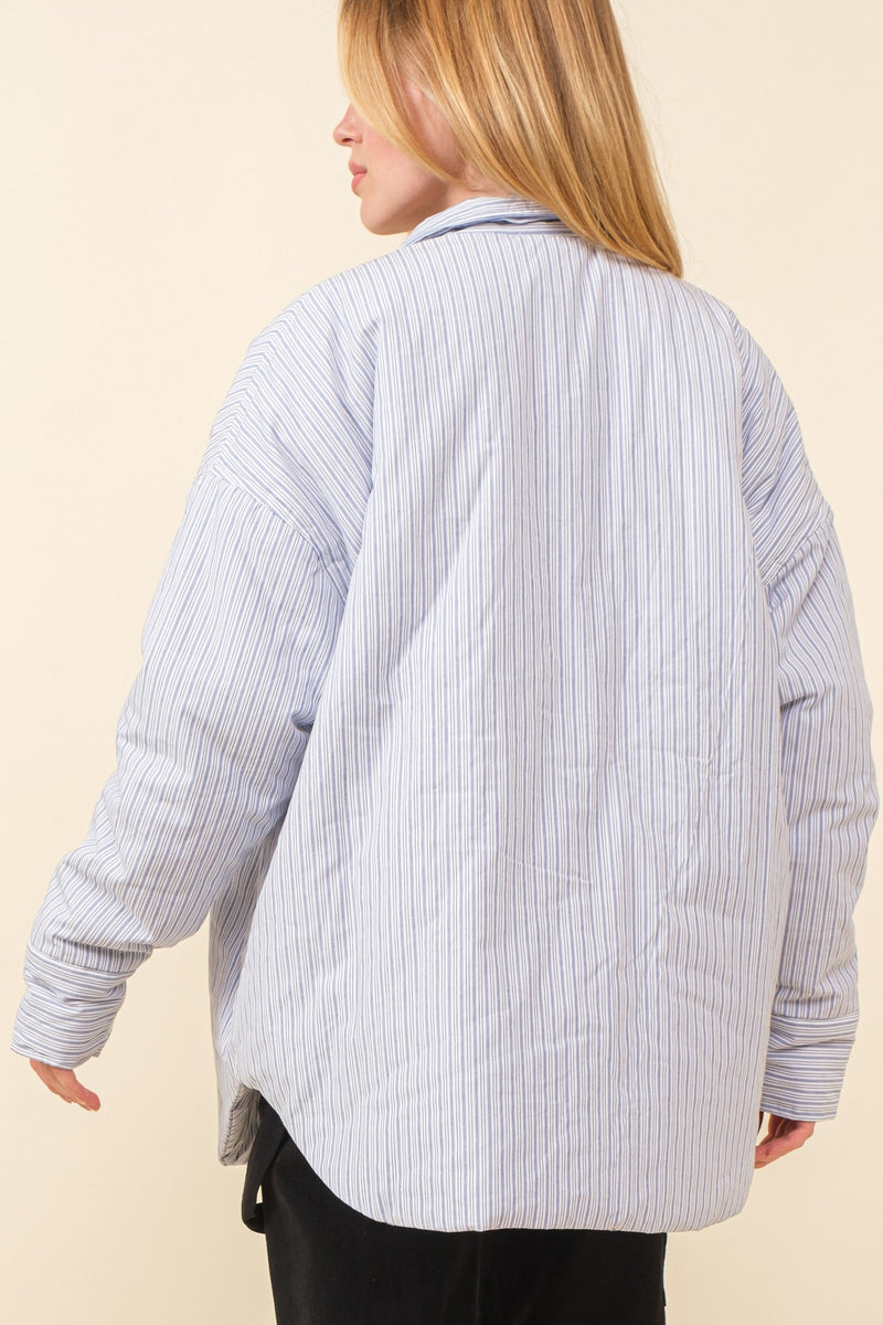 Pretty City Cotton Fleece Lined Pinstriped Shacket - Sky/White