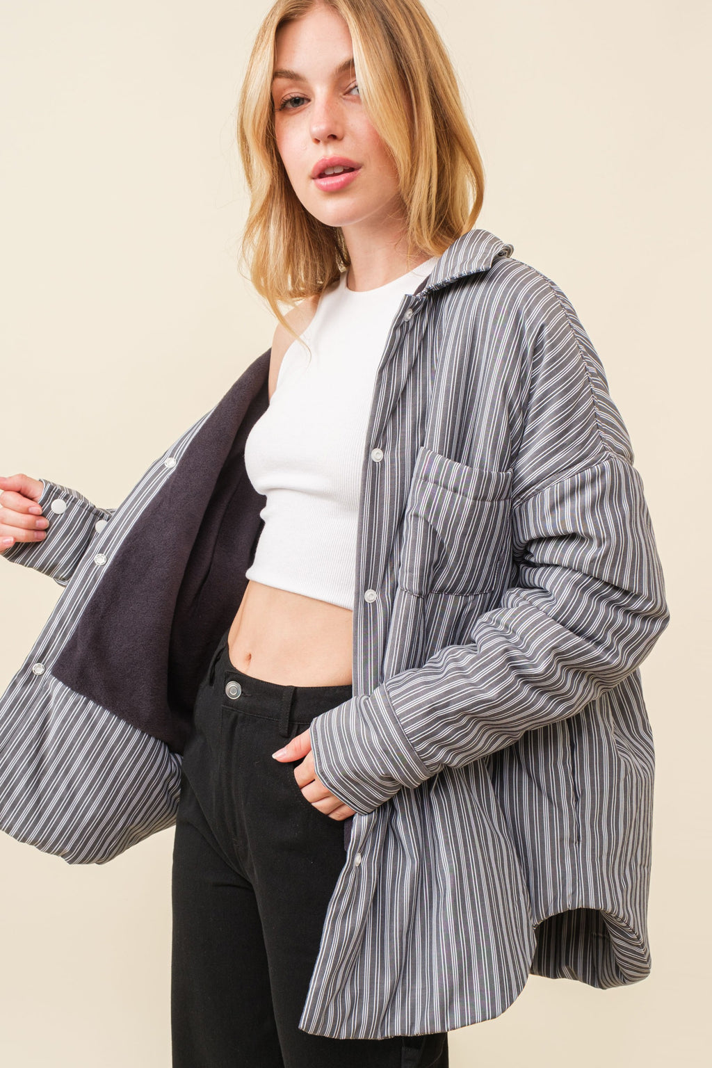Pretty City Cotton Fleece Lined Pinstriped Shacket - Gray/White