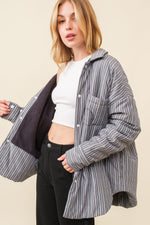Pretty City Cotton Fleece Lined Pinstriped Shacket - Gray/White