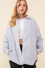 Pretty City Cotton Fleece Lined Pinstriped Shacket - Sky/White