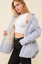 Pretty City Cotton Fleece Lined Pinstriped Shacket - Sky/White