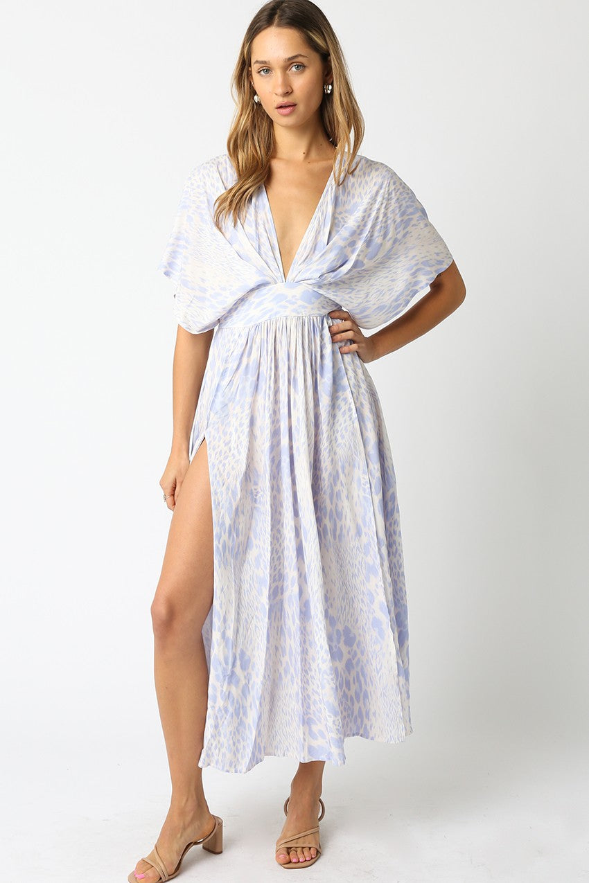 Crowned Jewel Animal Print Flutter Sleeve V- Neck Maxi Dress- Sky