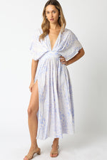 Crowned Jewel Animal Print Flutter Sleeve V- Neck Maxi Dress- Sky