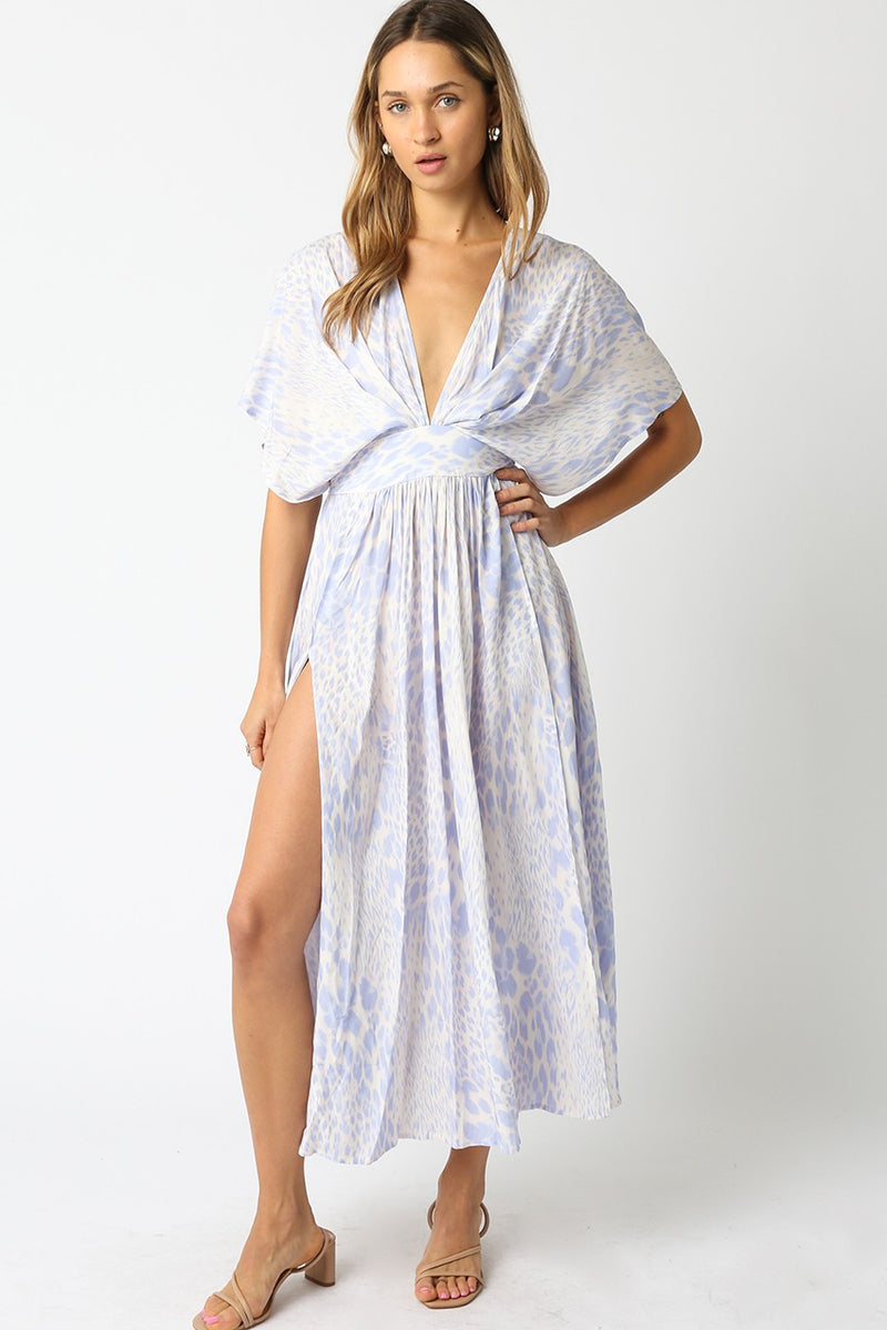 Crowned Jewel Animal Print Flutter Sleeve V- Neck Maxi Dress- Sky