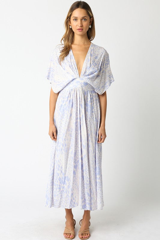 Crowned Jewel Animal Print Flutter Sleeve V- Neck Maxi Dress- Sky