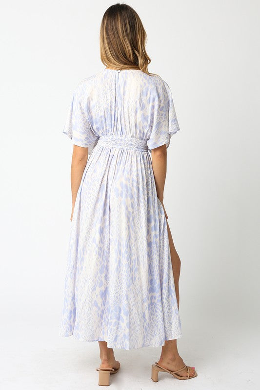Crowned Jewel Animal Print Flutter Sleeve V- Neck Maxi Dress- Sky