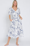 Simple Pleasures Puff Short Sleeve Floral Midi Dress- White/Navy