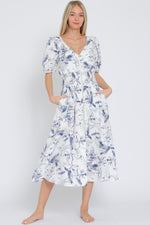 Simple Pleasures Puff Short Sleeve Floral Midi Dress- White/Navy