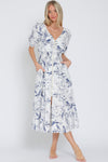 Simple Pleasures Puff Short Sleeve Floral Midi Dress- White/Navy