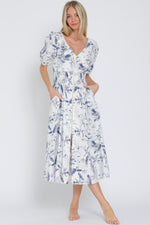 Simple Pleasures Puff Short Sleeve Floral Midi Dress- White/Navy