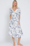 Simple Pleasures Puff Short Sleeve Floral Midi Dress- White/Navy