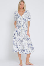 Simple Pleasures Puff Short Sleeve Floral Midi Dress- White/Navy