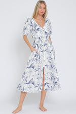 Simple Pleasures Puff Short Sleeve Floral Midi Dress- White/Navy