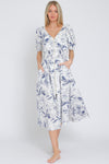Simple Pleasures Puff Short Sleeve Floral Midi Dress- White/Navy