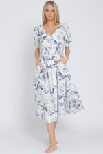 Simple Pleasures Puff Short Sleeve Floral Midi Dress- White/Navy
