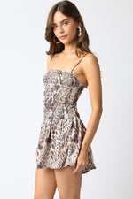 Super Spicy Smocked Bodice Animal Print Mini Dress - Mocha