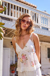 Jasmine Winds Floral Print Eyelet Tie Strap Tank Top-Ivory/Floral