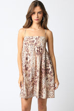 Wild Child Animal Print Spaghetti Strap Babydoll Dress- Tan