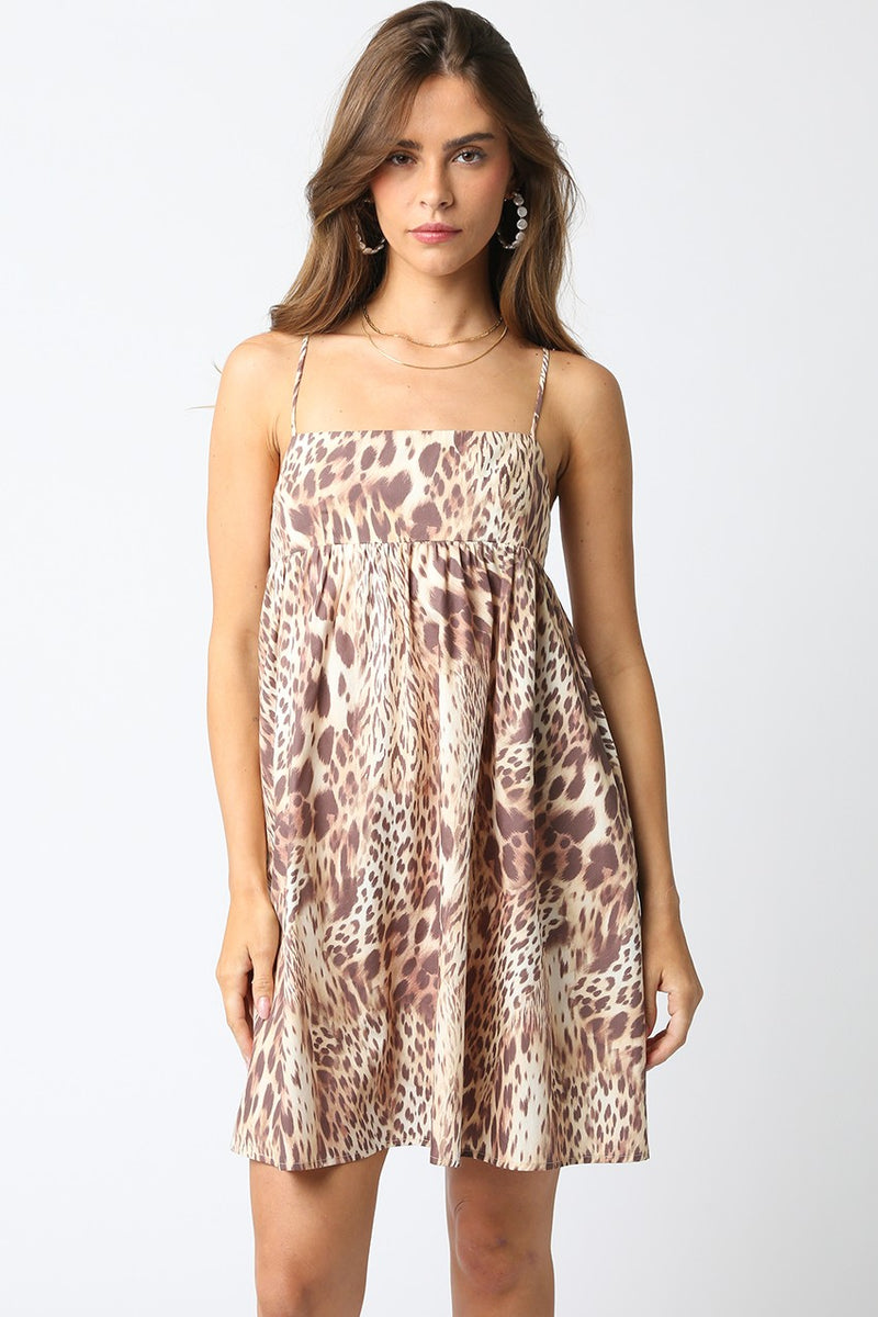 Wild Child Animal Print Spaghetti Strap Babydoll Dress- Tan