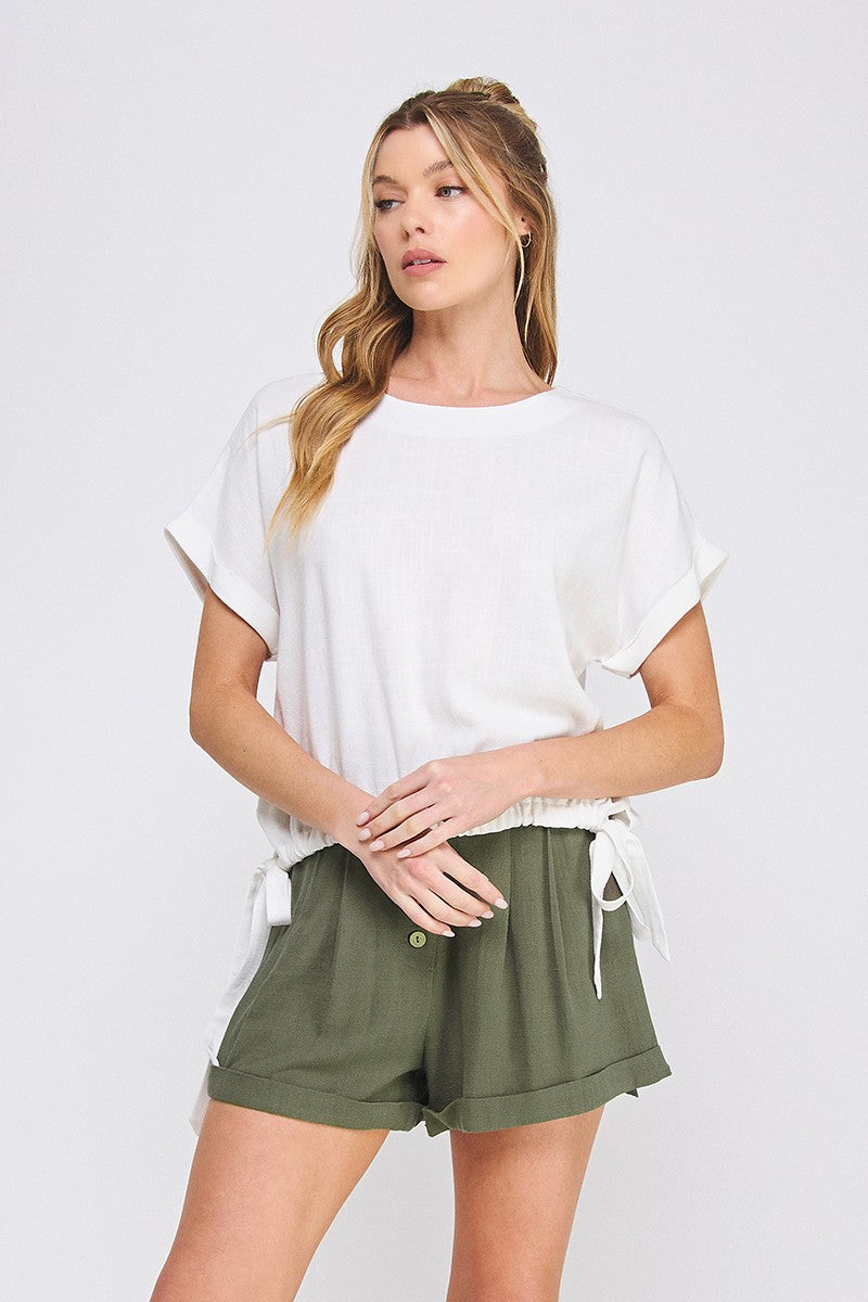 In The Clouds Soft Linen Rollen Sleeve Top- Off White