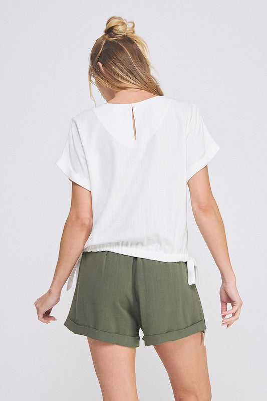 In The Clouds Soft Linen Rollen Sleeve Top- Off White