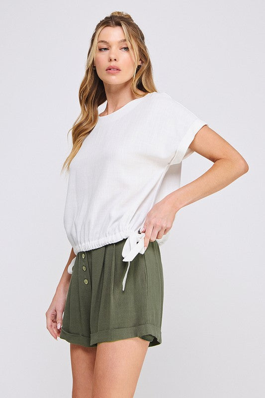 In The Clouds Soft Linen Rollen Sleeve Top- Off White