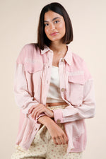 Sunday Stroll Raw Hem Textured Button Up Top -Blush