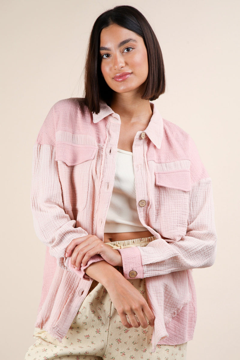 Sunday Stroll Raw Hem Textured Button Up Top -Blush