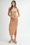 Cabana Cutie Bead Detail Terry Cloth Bodycon Stripe Dress - Taupe/Ivory