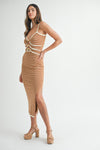 Cabana Cutie Bead Detail Terry Cloth Bodycon Stripe Dress - Taupe/Ivory