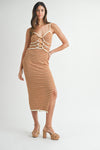 Cabana Cutie Bead Detail Terry Cloth Bodycon Stripe Dress - Taupe/Ivory
