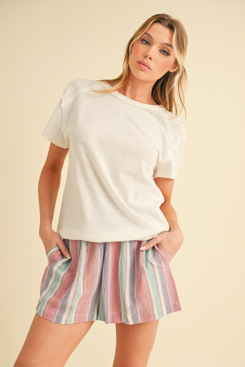 Summer Crush Linen Stripe Shorts- Red Aqua