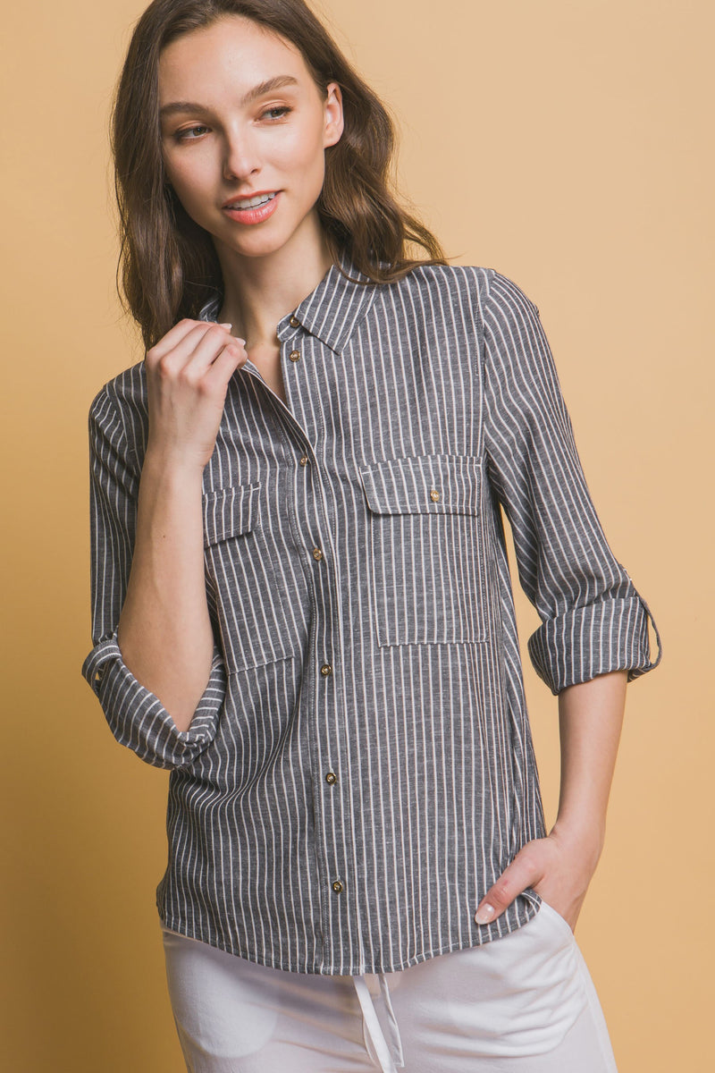 Classic and Timeless Stripe Linen Button Up - Black